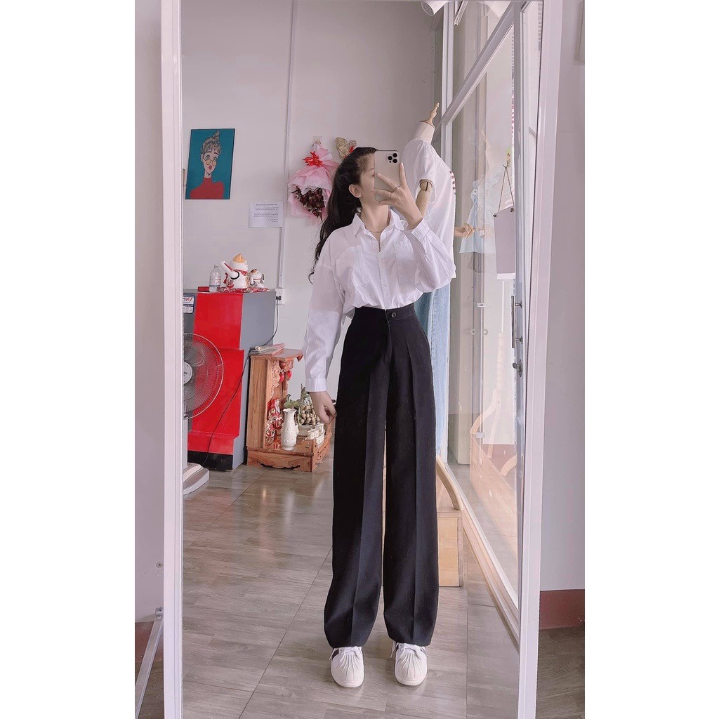 Quần Nữ ống Rộng Chất Tuyết Mưa Phối Khuy Giữa, Cạp Cao Tôn Dáng Qorkg – Diepchi Fashion