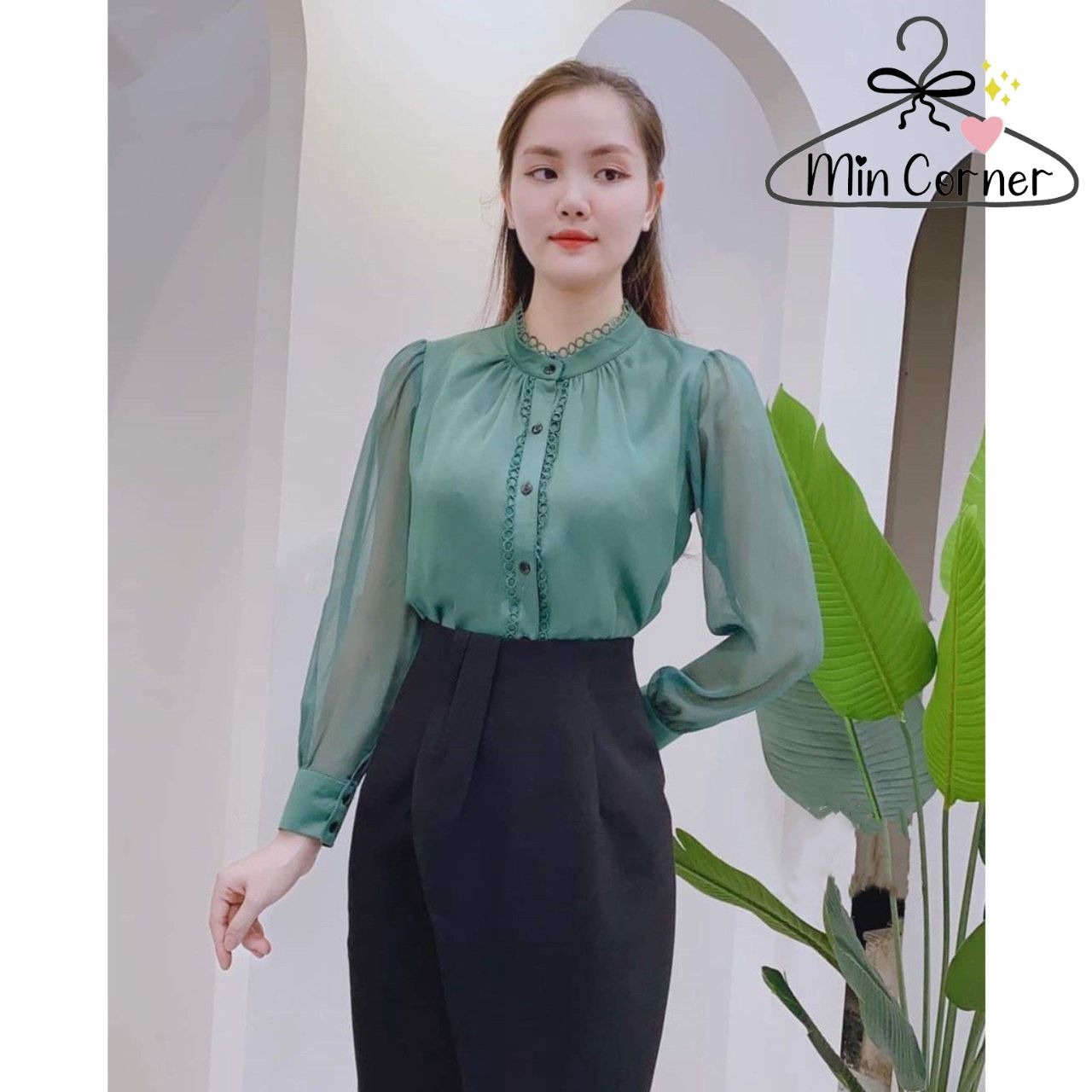 áo Sơ Mi Nữ Màu Xanh Tay Dài Phối Viền Ren Ms46 – Min Corner