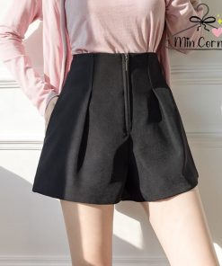 Quần Short Nữ ống Rộng Lưng Cao Khóa Kéo Trước 2 Màu đen Trắng Mq18 – Min Corner
