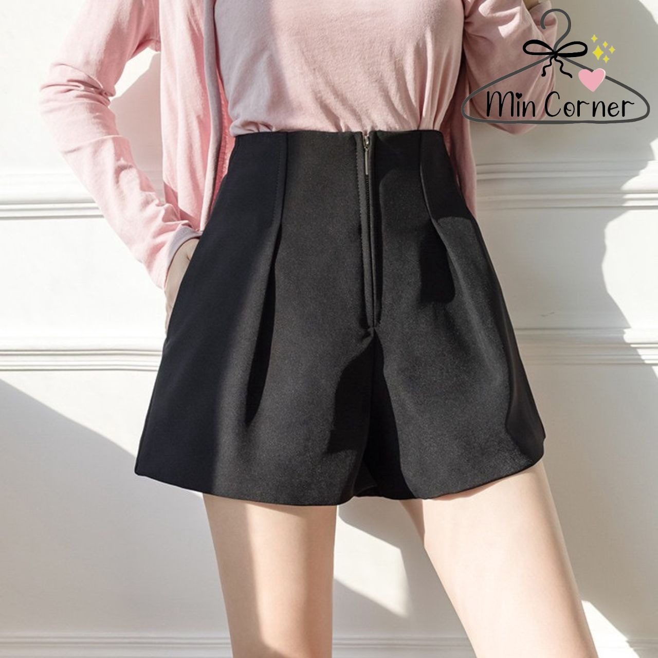 Quần Short Nữ ống Rộng Lưng Cao Khóa Kéo Trước 2 Màu đen Trắng Mq18 – Min Corner