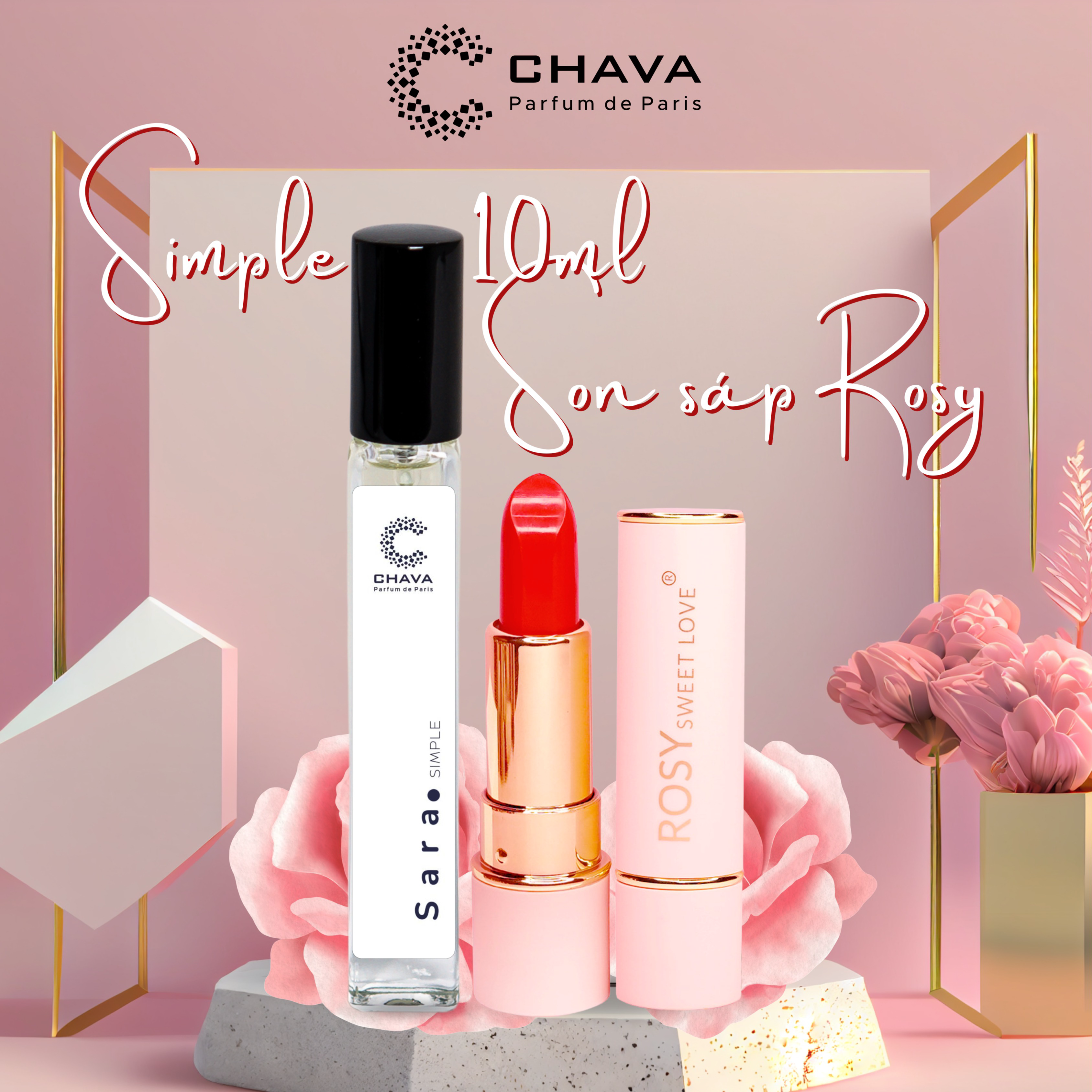 Set 2 Sản Phẩm Nước Hoa Chava Simple 10ml + Son Sáp Lì Rosy Sweetlove