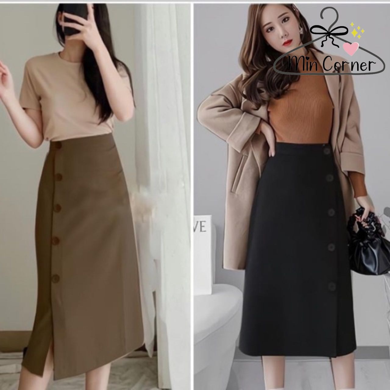 Chân Váy Midi Phối Nút Dọc Thân Váy Xẻ Tà Siêu Xinh Mv19 – Min Corner