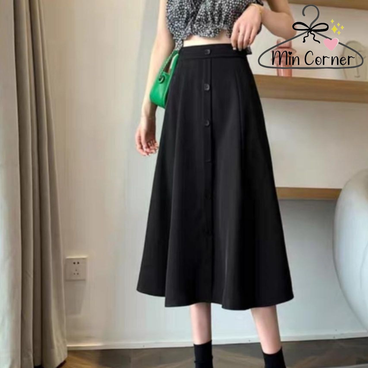 Chân Váy Midi Dáng Xòe Phối 5 Nút Giữa Màu đen Mv21 – Min Corner