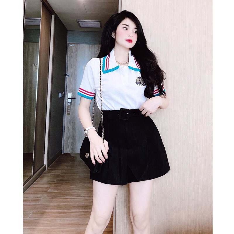 áo Nữ Ngắn Tay Phối Viền, Thêu Hình Cô Gái Nhỏ Slcxa127 – Chipxinhxk