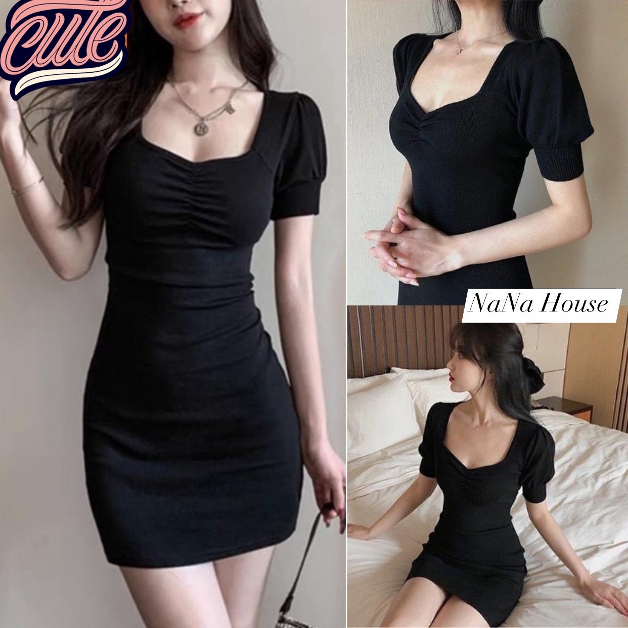 đầm Váy Body Tay Phồng Nhún Ngực Thun Borip Ug55 – Nana House