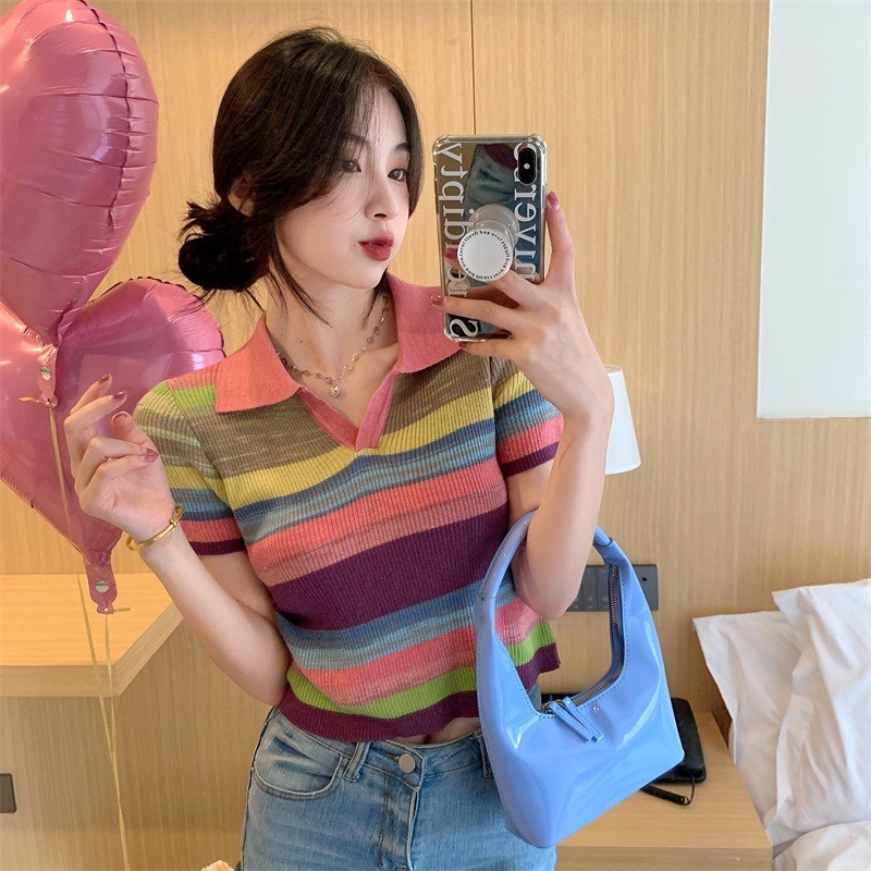 áo Len Nữ Dáng Croptop Kẻ Cầu Vồng Bắt Mắt Slcxa101 – Chipxinhxk