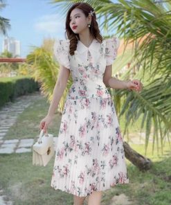 đầm Nữ Dáng Xòe Dập Ly Tay Bồng ôm Eo Tôn Dáng Chất Voan Hoa T778 -lisa