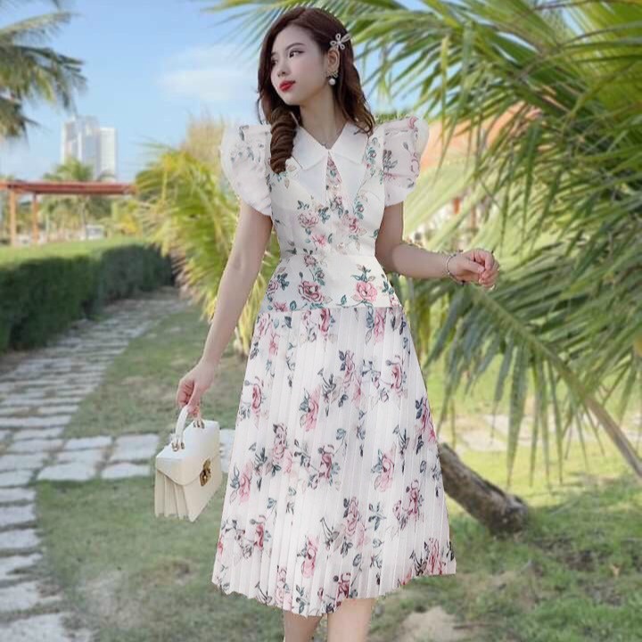 đầm Nữ Dáng Xòe Dập Ly Tay Bồng ôm Eo Tôn Dáng Chất Voan Hoa T778 -lisa