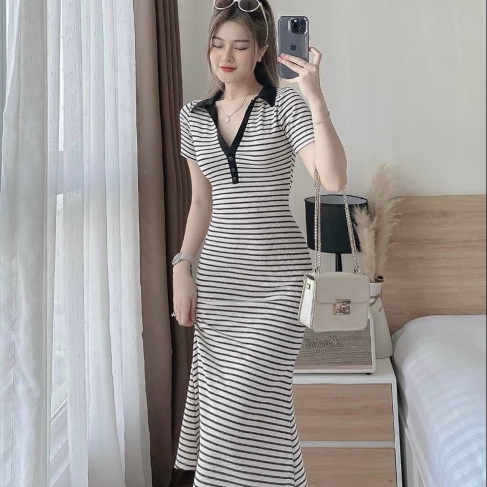 đầm Nữ ôm Body Cổ Pholo Tay Ngắn Dáng Dài Chất Thun Gân Sọc M785 – Lisa