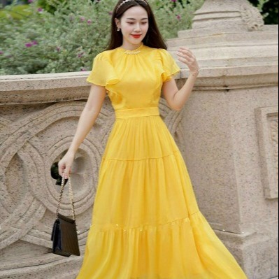đầm Nữ Cổ Tròn Tay Bèo Dáng Maxi Xòe Chất Voan Chingfon 2 Lớp V555 – Lisa