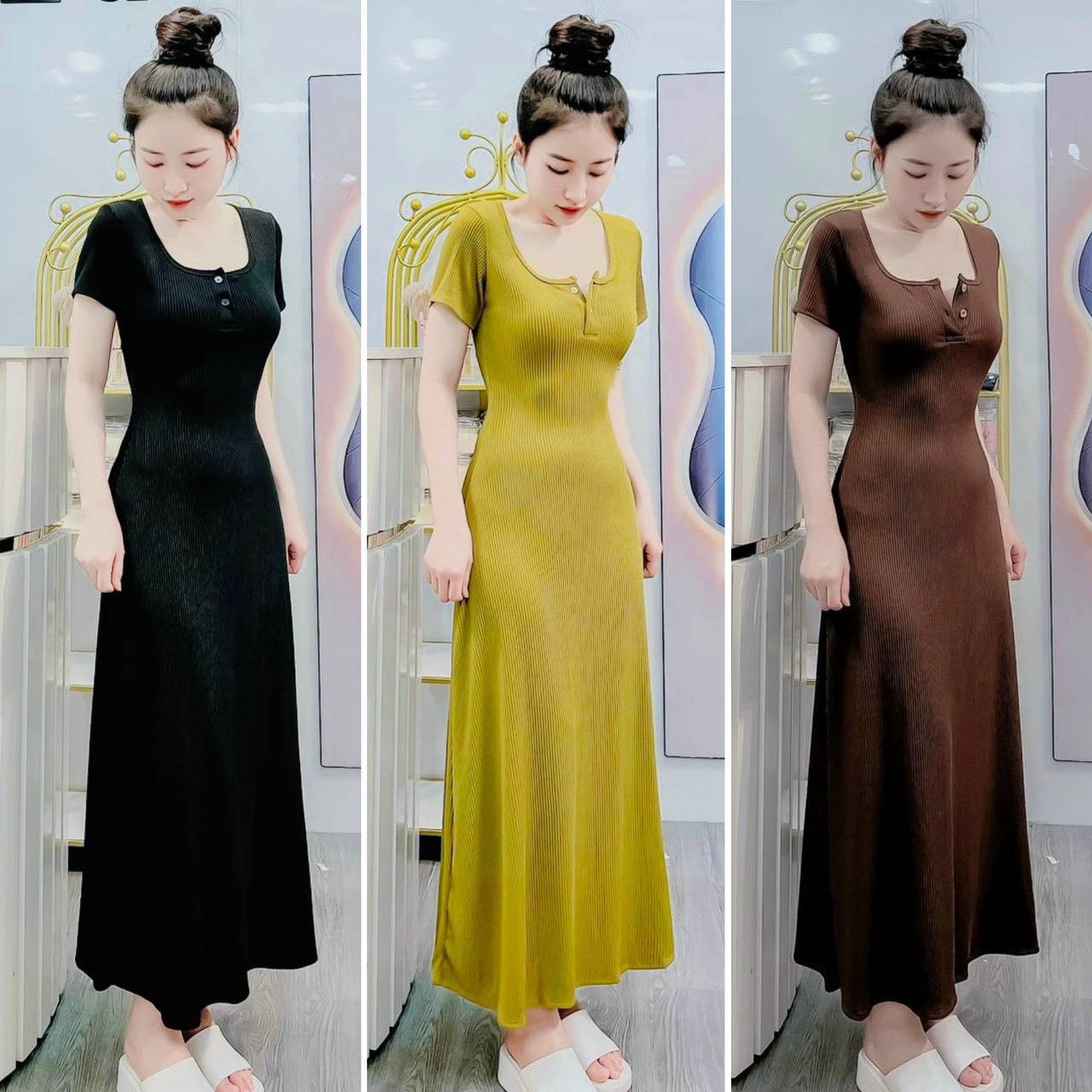 đầm Nữ ôm Body Tay Ngắn Dáng Dài Xòe Chất Thun Gân Dd670 – Nana House