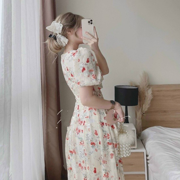 đầm Maxi Cổ Tròn Tay Phồng Voan Hoa Chingfon 2 Lớp Cao Cấp T380 – Lisa