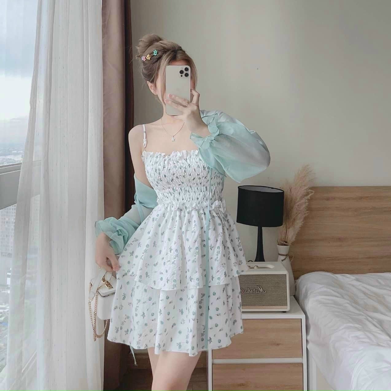 Set áo Voan Kèm đầm Xốp In Hoa Nhí ( Váy Có Lót ) V43 – Haka Mây