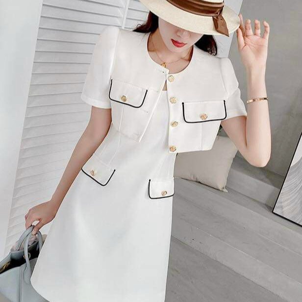 đầm Viền Túi Kèm áo Khoát Cài Nút Thật V189 – Cloudy Dress