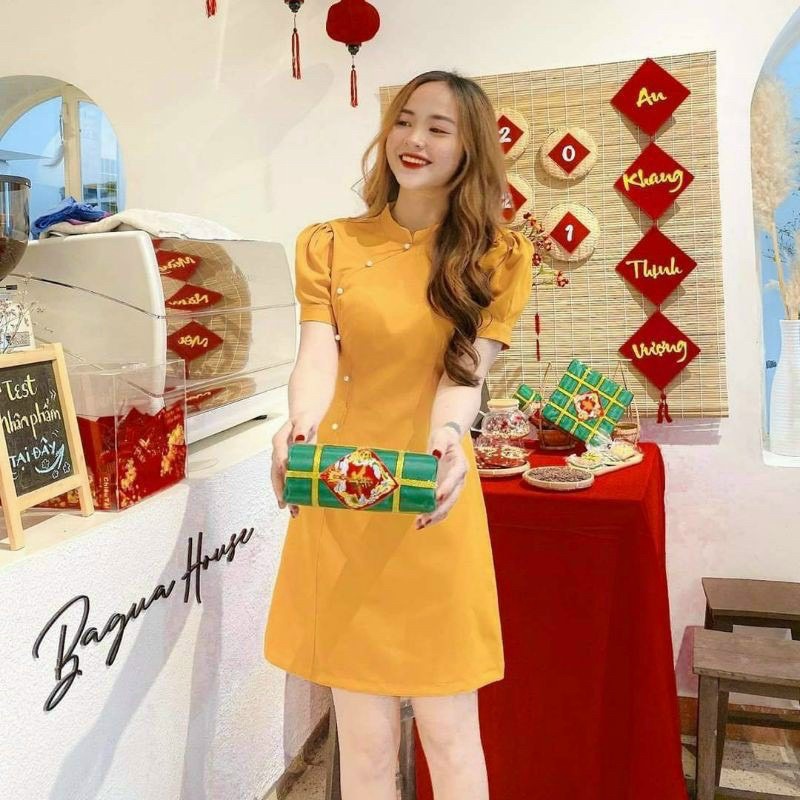 đầm Cổ Tàu Tay Phồng Dáng Chữ A đóng Cườm V240 – Lisa