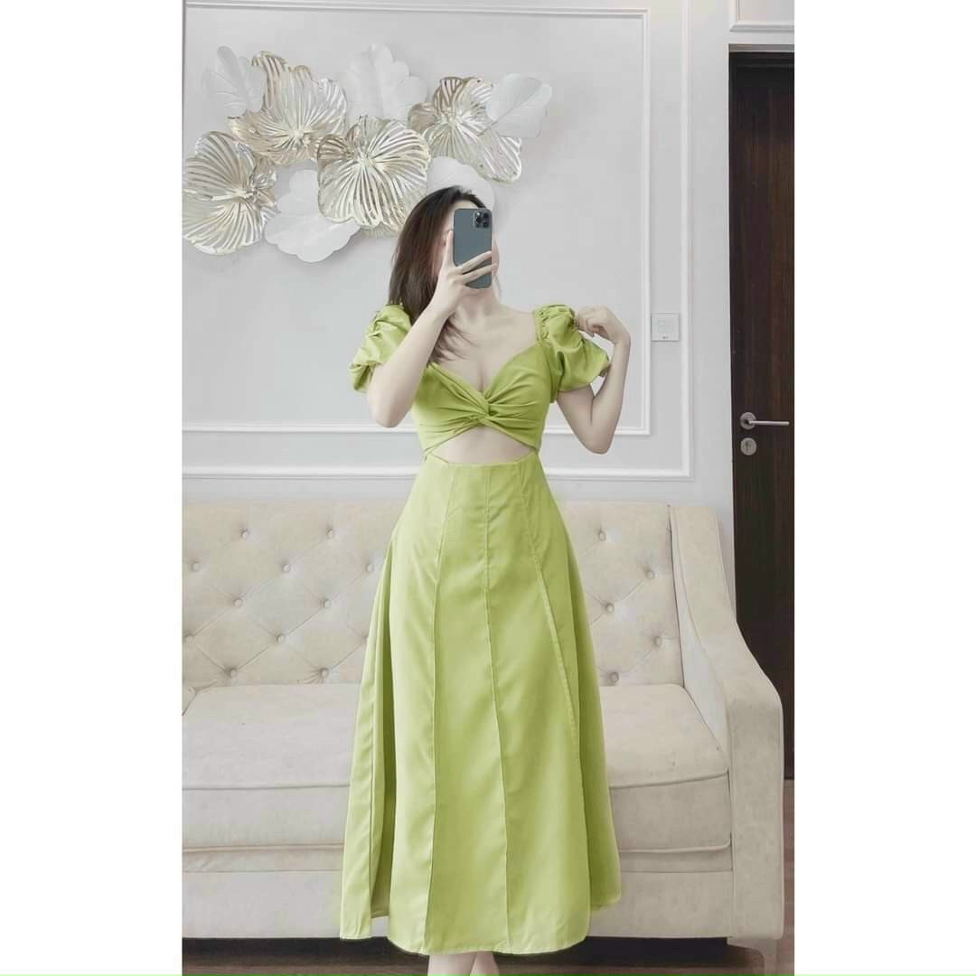 đầm Lụa Xoắn Ngực Khoét Eo V202 – Cloudy Dress
