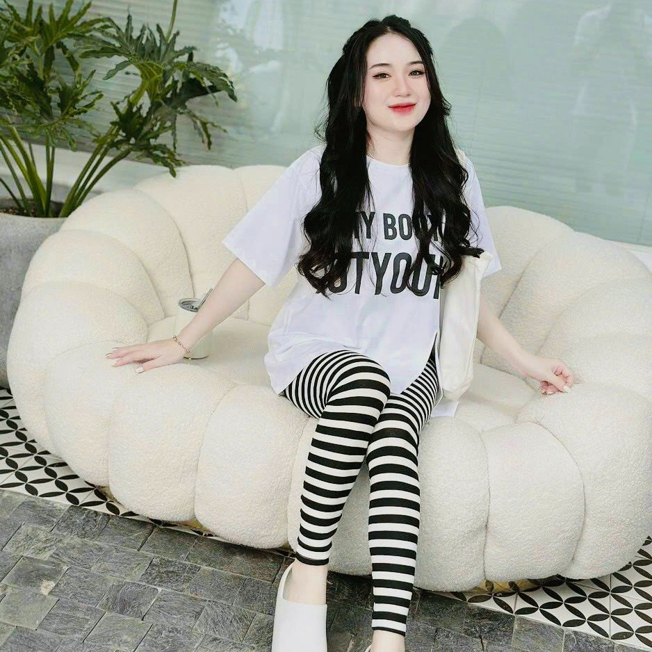 Set Bộ áo Thun In Chữ Xẻ Tà Mix Quần Legging Sọc Dd871 – Nana House