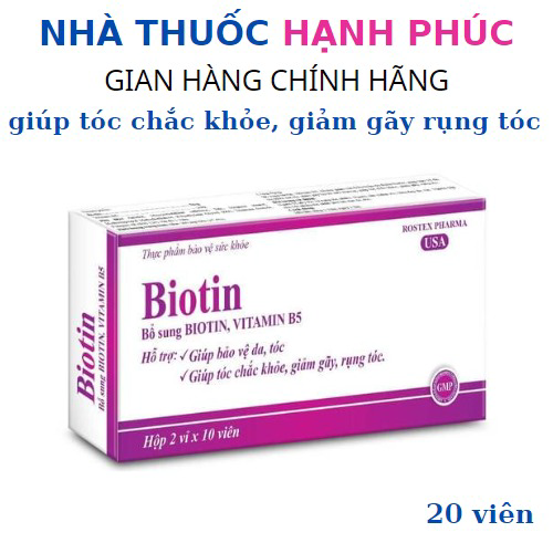 Viên Uống Biotin Bổ Sung Vitamin B5 Giúp Khoẻ Tóc Giảm Gãy Rụng Tóc Hộp 20 Viên – Rostex Pharma