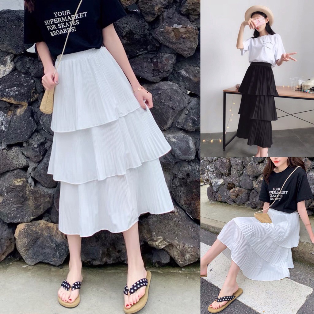 Chân Váy Xòe 3 Tầng Xếp Ly Dáng Dài , Chân Váy Midi Ulzzang Cạp Chun Hàn Quốc – Dmastore