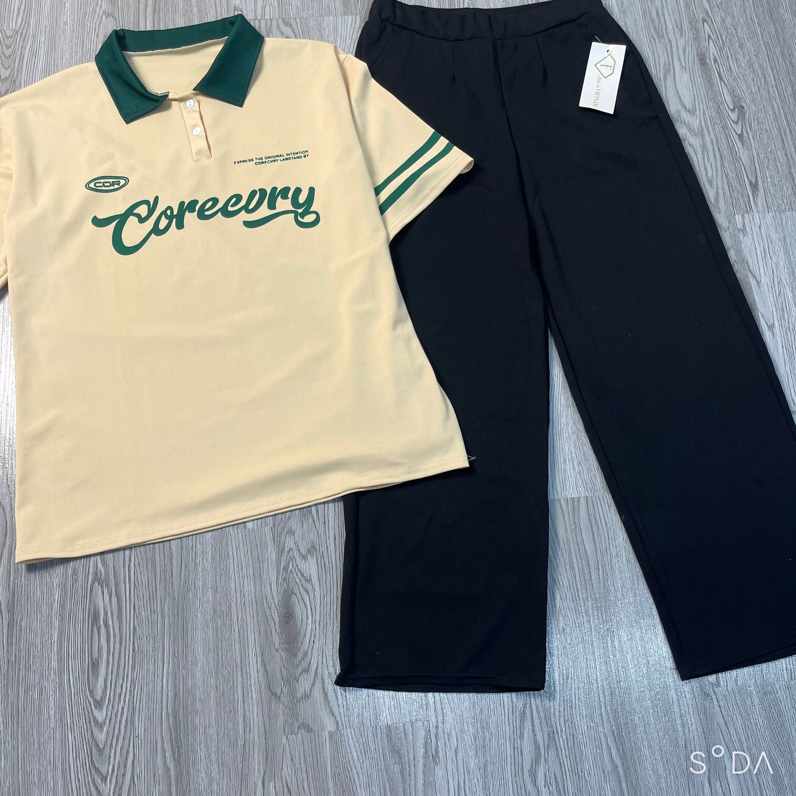 Bộ Nữ, Set Quần ống Rộng đen + áo Polo Coreevry Cotton Su