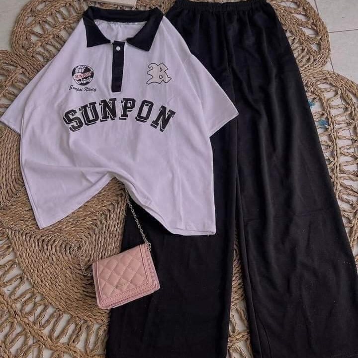 Bộ Nữ,set Quần ống Rông Cạp Chun + Polo Sunpon Cotton Su
