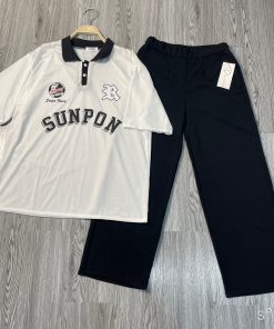 Bộ Nữ, Set Polo Sunpon + Quần ống Rộng đen Cạp Chun Chất Cotton Su