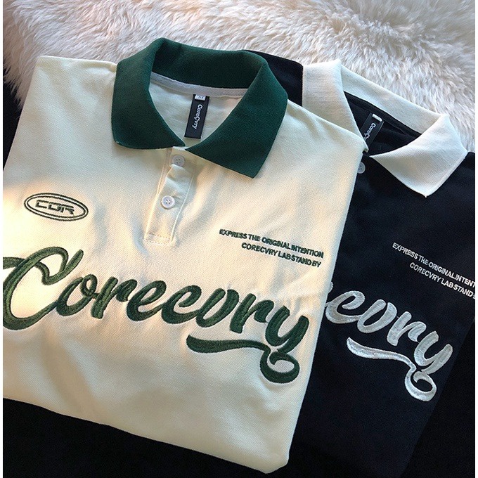 áo Thun Polo Form Rộng Có Cổ Bẻ Chất Cotton Su Túi Rip Chữ Coreevry