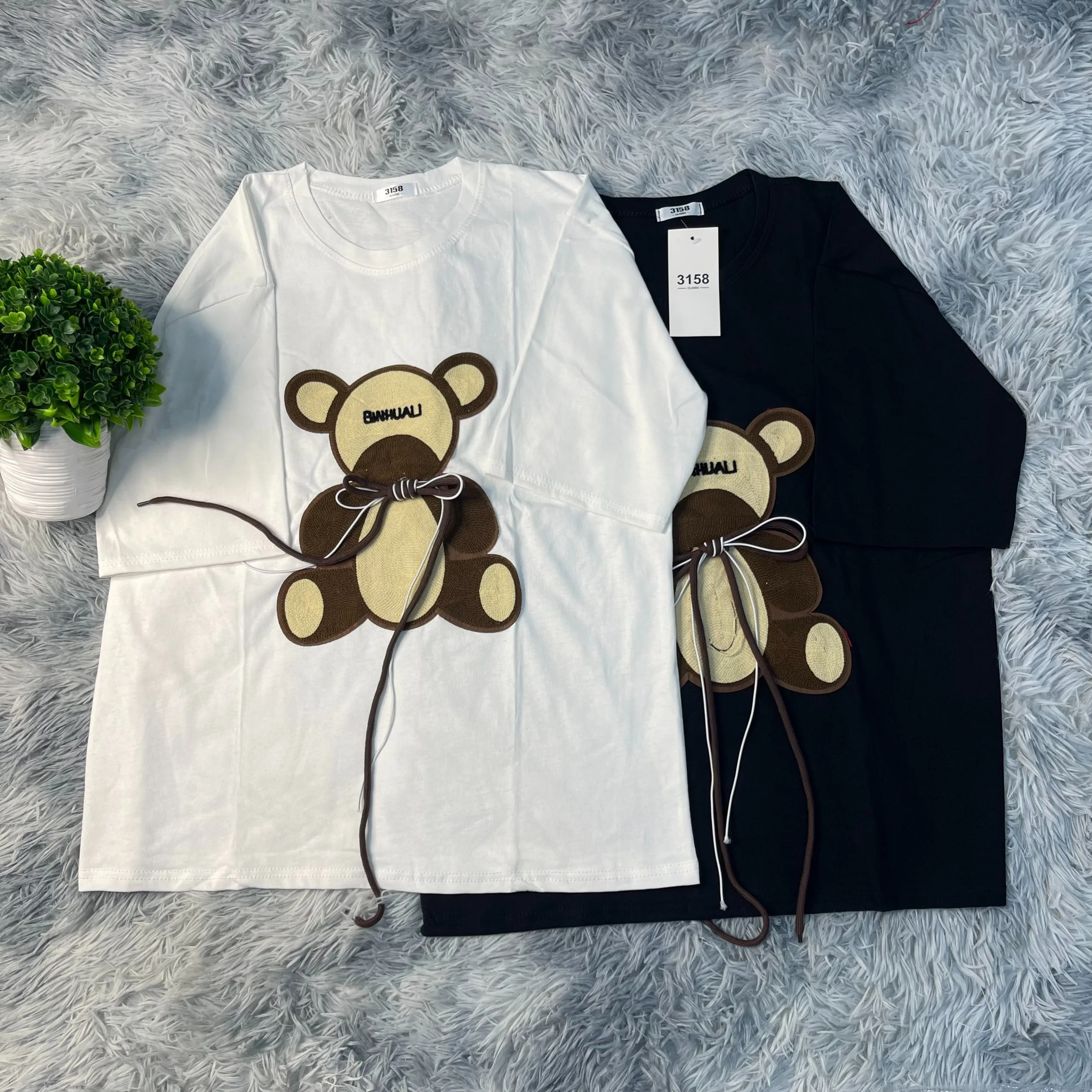 áo Thun Nữ, Hình Thêu Gấu Buộc Dây Cotton Khô 3158
