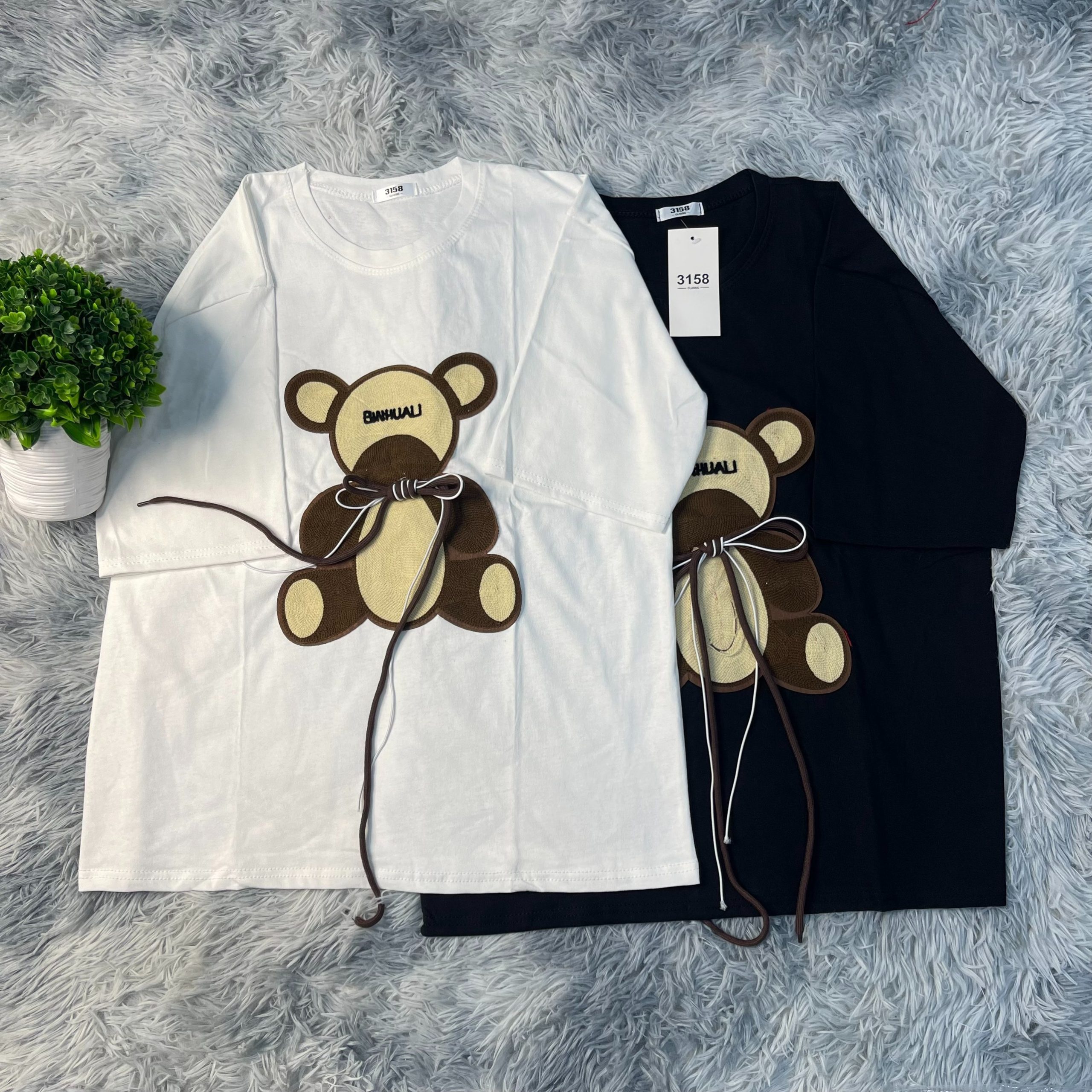 áo Thun Nữ, Hình Thêu Gấu Buộc Dây Cotton Khô 3158