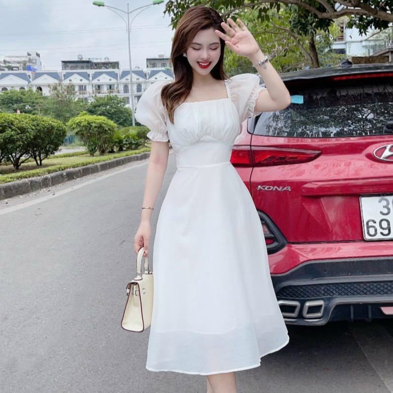 đầm Nữ Cổ Vuông Tay Phồng Dáng Xòe Dài Chất Voan Chinfon M470 – Aine