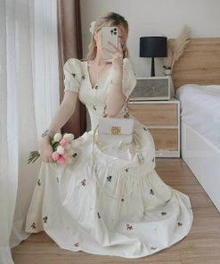 đầm Nữ Cổ Tim Tay Ngắn Dáng Xòe Chất Lụa Hoa M543 – Aine