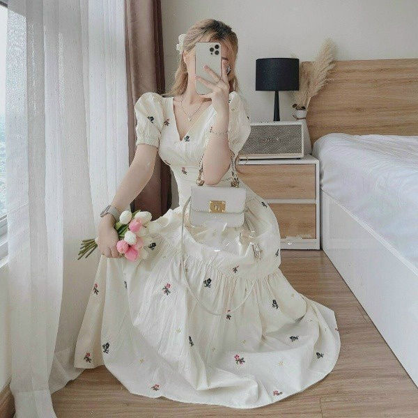 đầm Nữ Cổ Tim Tay Ngắn Dáng Xòe Chất Lụa Hoa M543 – Aine