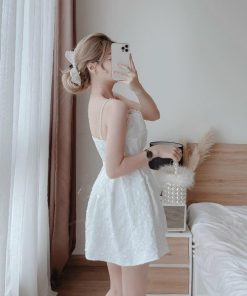đầm Nữ 2 Dây Cườm Xếp Ly Cúp Ngực Có Mút Chất Xốp Phồng Hoa & Voan Kiếng T553 – Aine
