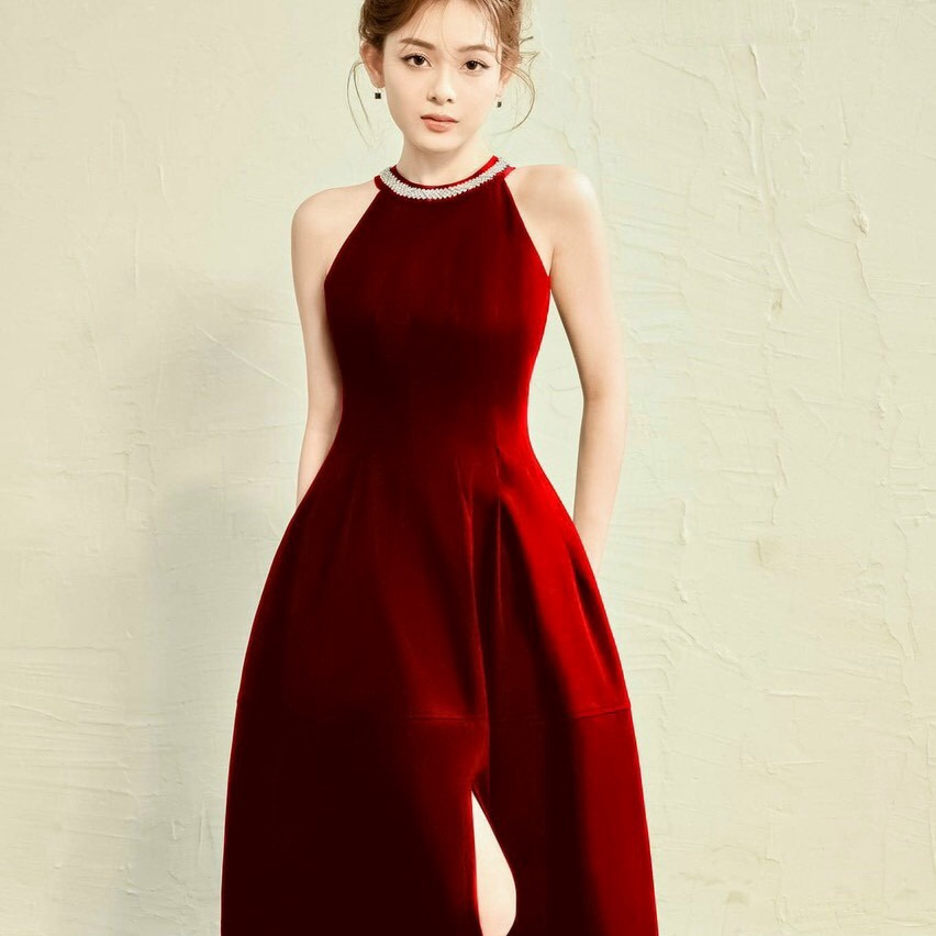 đầm Cổ Yếm Dáng Dài Chất Cotton Lạnh Phối Kim Sa T650 – Aine