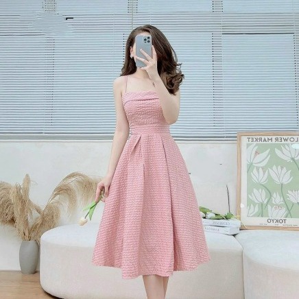 đầm Nữ Dáng Xòe 2 Dây Thiết Kế Sang Trọng Dự Tiệc Xếp Ly Có Mút Vải Xốp Gạo Dập V135 – Aine
