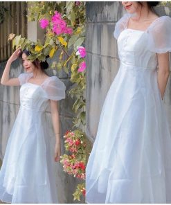 đầm Tiểu Thư 2 Lớp Siêu Xinh Phối Cổ Vuông Tay Phồng đính Cườm Vải Voan Tơ Bóng V186 – Aine