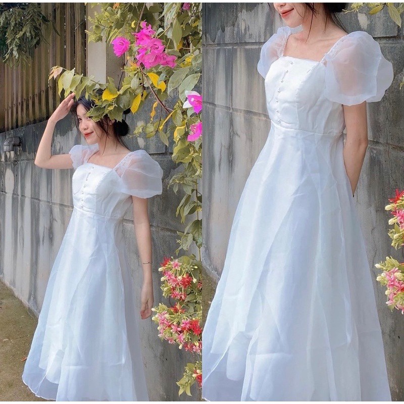 đầm Tiểu Thư 2 Lớp Siêu Xinh Phối Cổ Vuông Tay Phồng đính Cườm Vải Voan Tơ Bóng V186 – Aine
