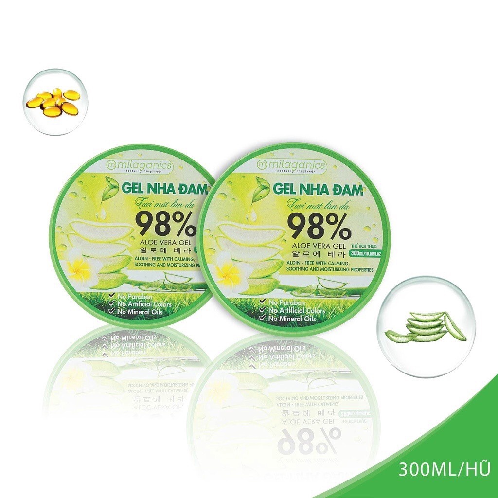 Combo 2 Gel Nha đam Dưỡng ẩm Và Làm Mềm Da – Gel Lô Hội 98% Aloe Vera Gel (300ml/hũ) – Milaganics