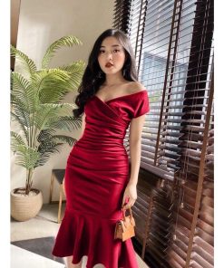đầm Nữ ôm Body Trễ Vai Cổ V Nhún Eo đuôi Cá V198 – Aine