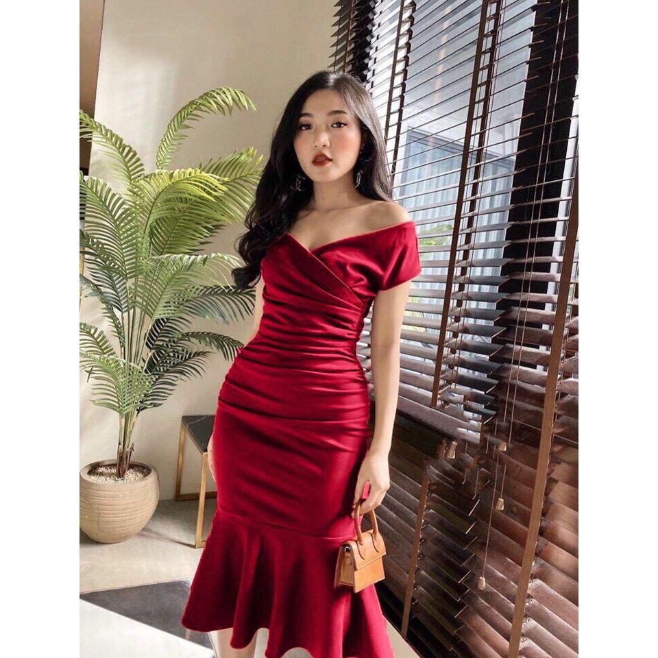 đầm Nữ ôm Body Trễ Vai Cổ V Nhún Eo đuôi Cá V198 – Aine