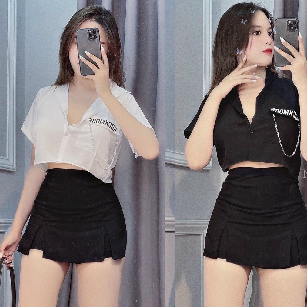 áo Sơ Mi Croptop Phối Xích – Lê Phương Boutique