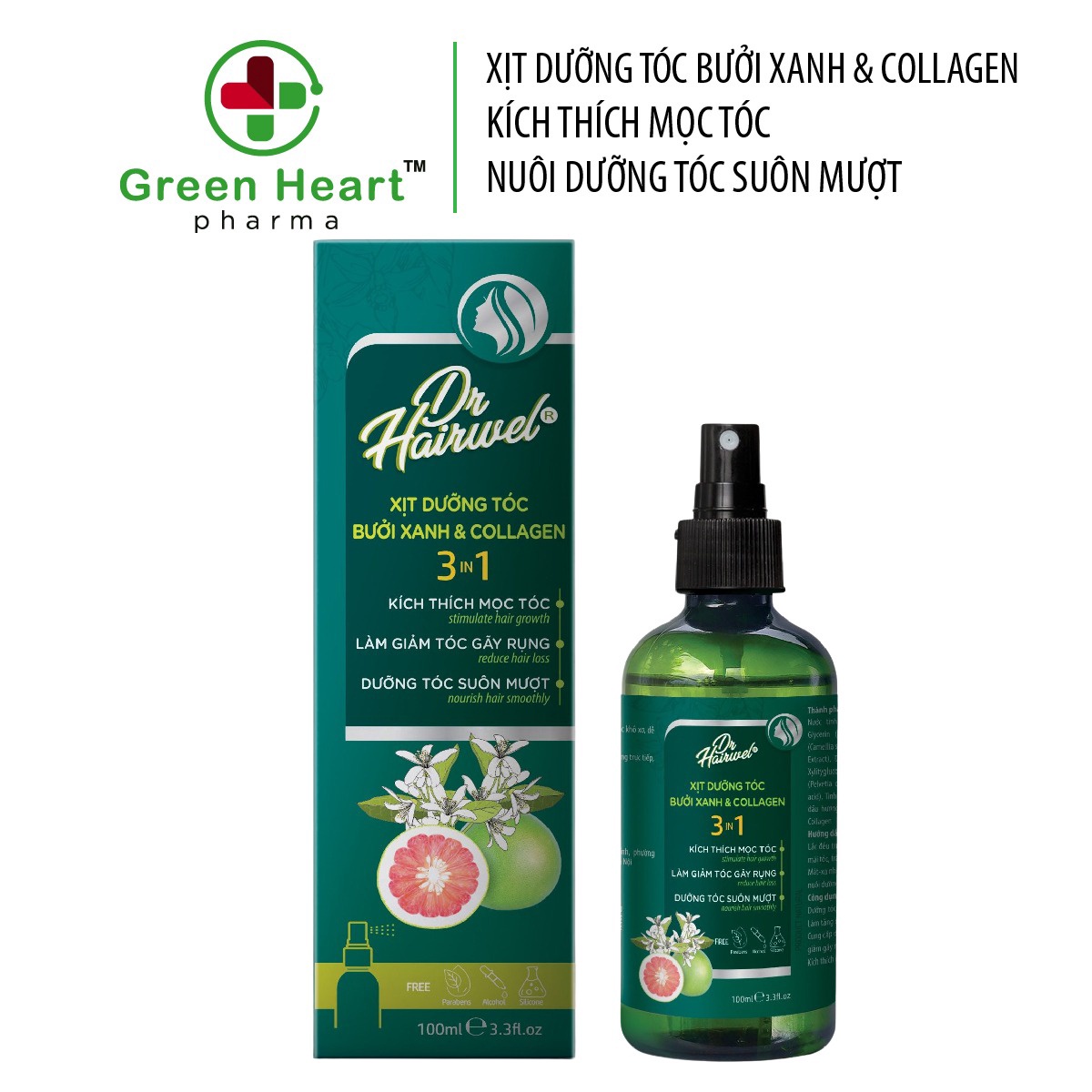 Xịt Dưỡng Tóc Bưởi Xanh & Collagen Giúp Kích Thích Mọc Tóc Dr. Hairwel – Green Heart Pharma