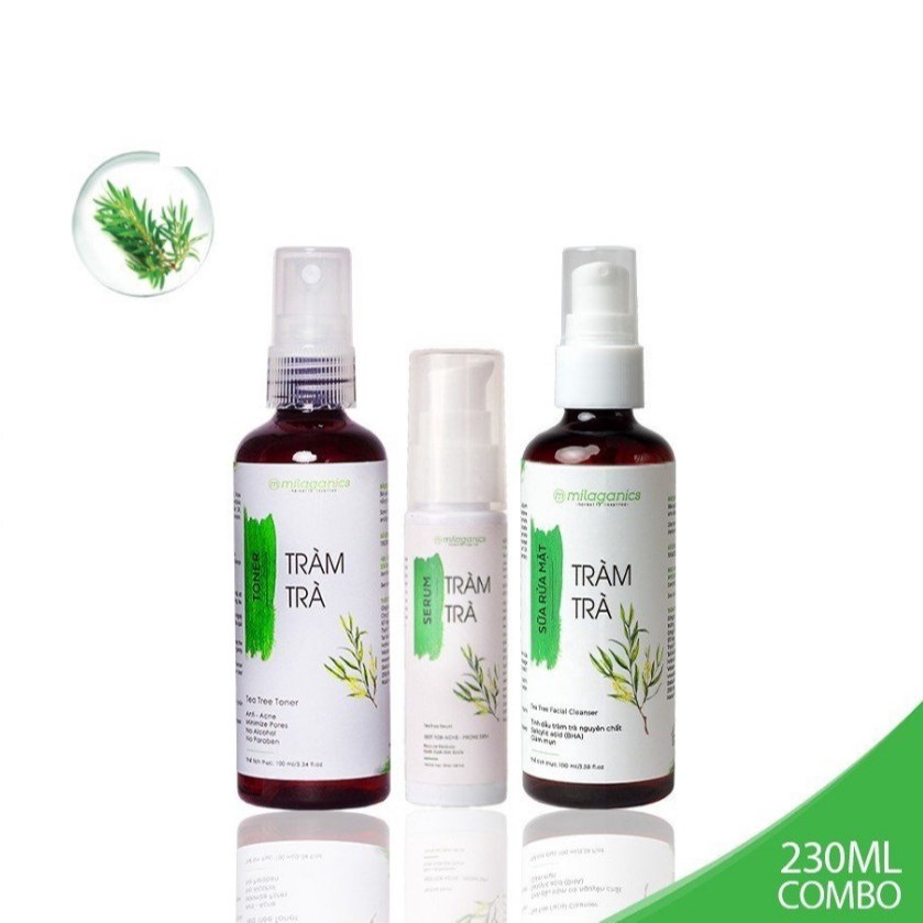 Combo Dưỡng Da Mụn Tràm Trà: Sữa Rửa Mặt 100ml/chai, Toner 100ml/chai , Serum Giảm Thâm 30ml/chai – Milaganics