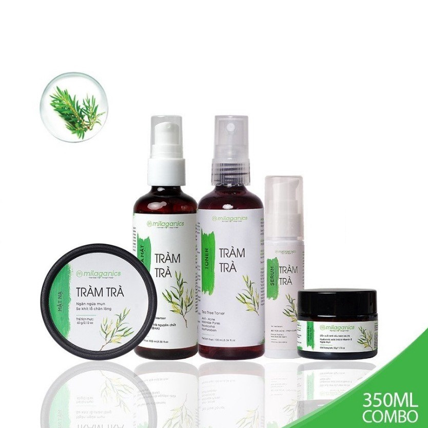 Combo 5 Giảm Mụn, Mờ Thâm Tràm Trà : Sữa Rửa Mặt, Toner, Serum Chấm Mụn, Mặt Nạ, Kem Dưỡng ẩm – Milaganics