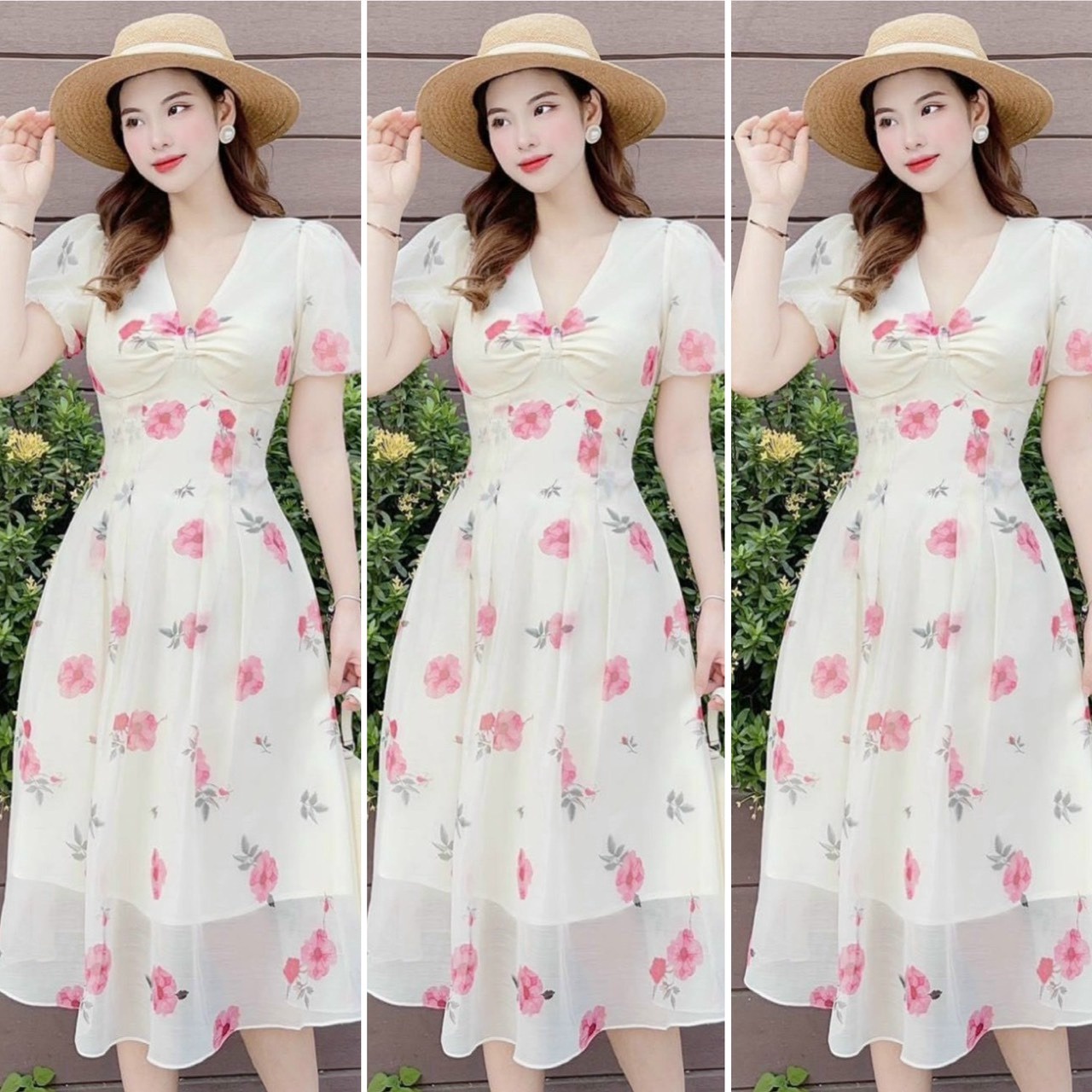 đầm Váy Nữ Voan Tay Phồng Cổ Chữ V Nhún Ngực Ug501 – Nana House