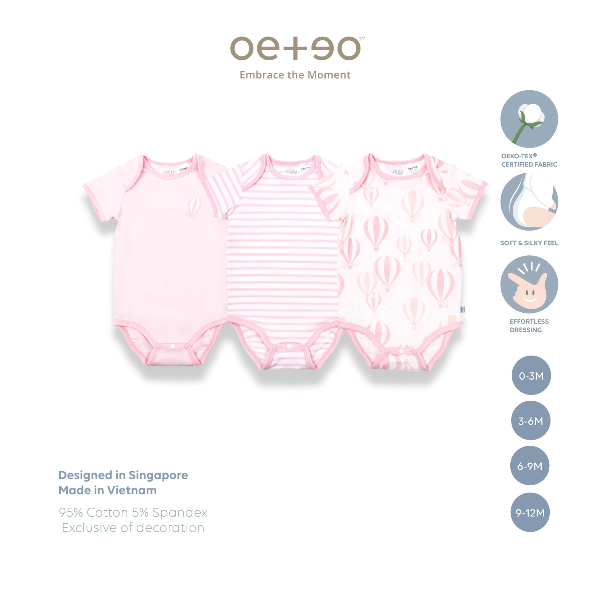 Set 3 Bộ Wow Love From Above 1197 áo Liền Quần Bé Trai Bé Gái 3 – 18 Tháng Vải 95% Cotton – 5% Spandex Họa Tiết Trơn Sọc Khinh Khí Cầu 1197 – Oeteo