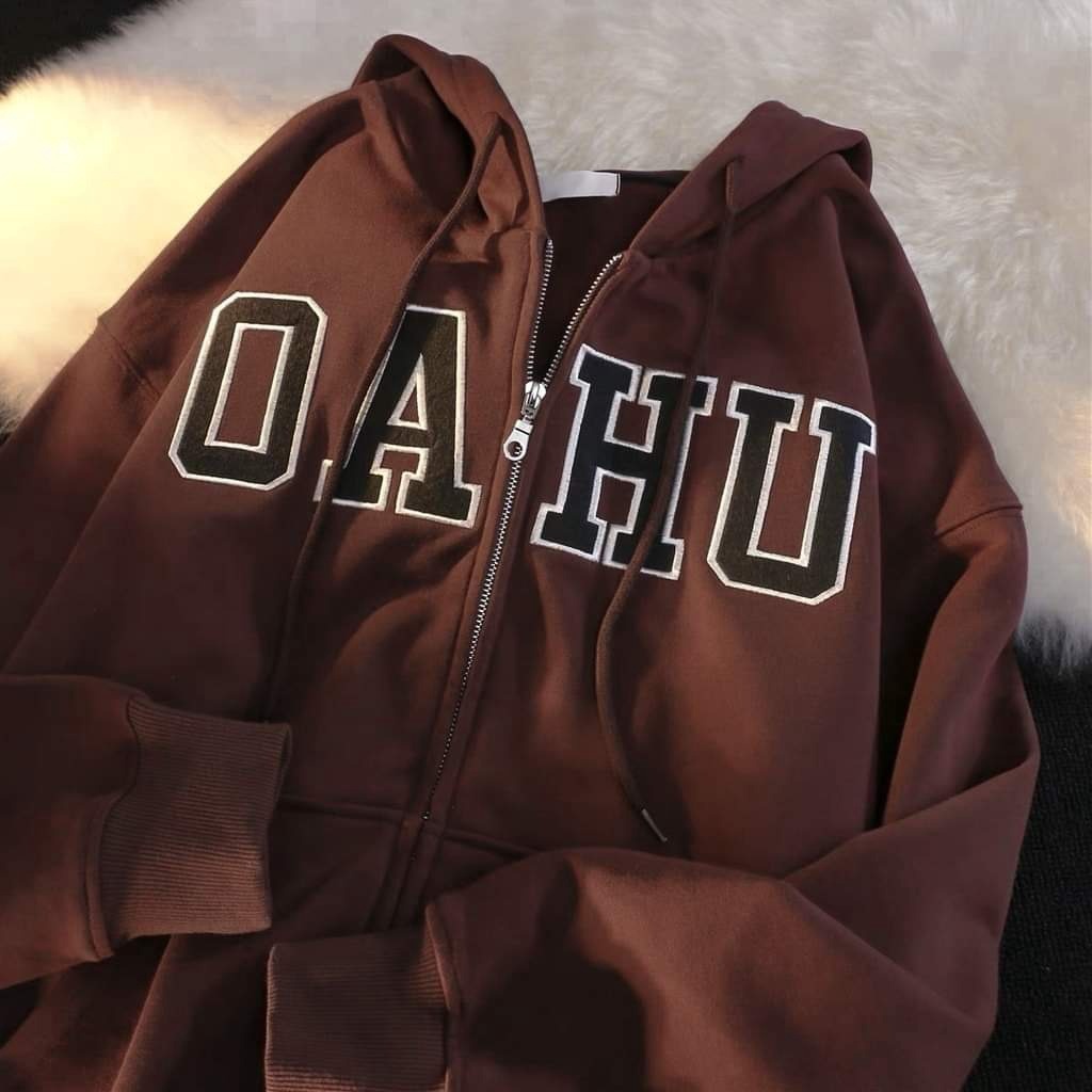 áo Khoác Nỉ Form Rộng Mũ 2 Lớp Chất Nỉ Chữ Oahu
