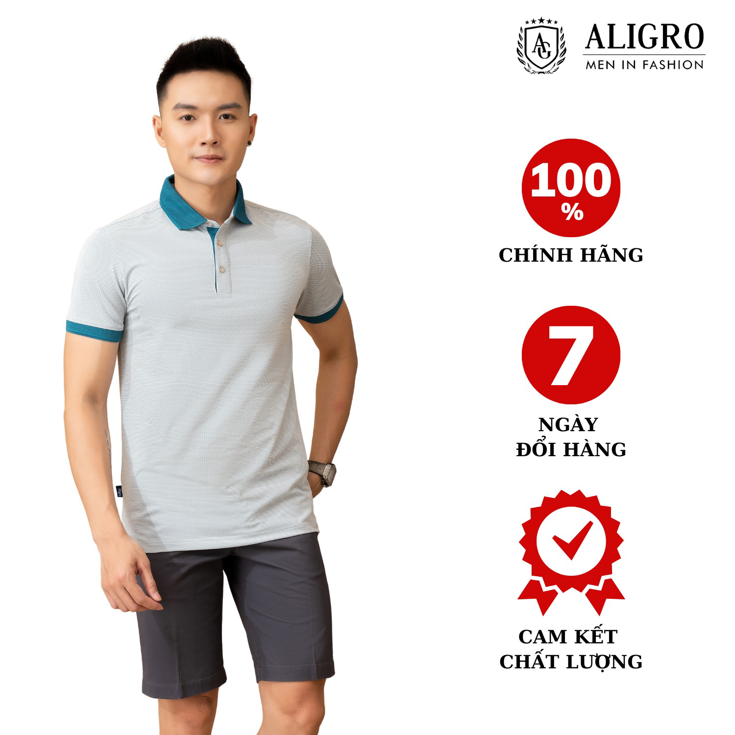 áo Polo Nam Ngắn Tay Chất Liệu Cotton Cao Cấp Họa Tiết Kiểu Dệt Chữ V Màu Xanh Sẫm Algplo79 – Aligro