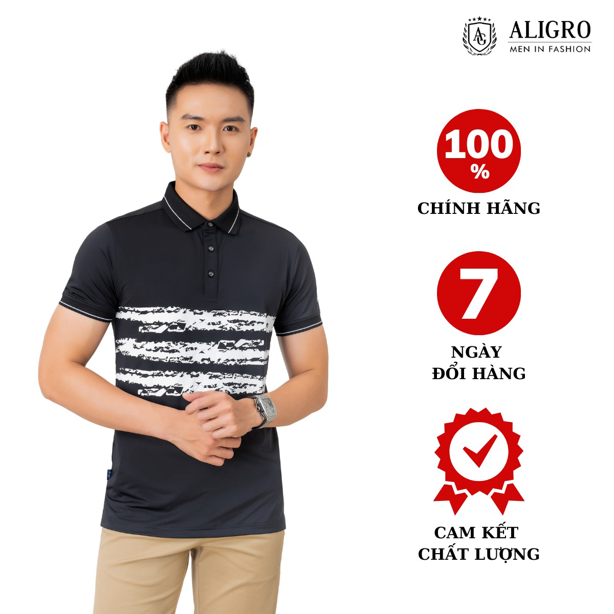 áo Polo Nam Ngắn Tay đen Kẻ Phối Ngang, Chất Vải Coolmax Cổ Bẻ Phối Bo Tay, Trẻ Trung, Năng động Algplo73 – Aligro