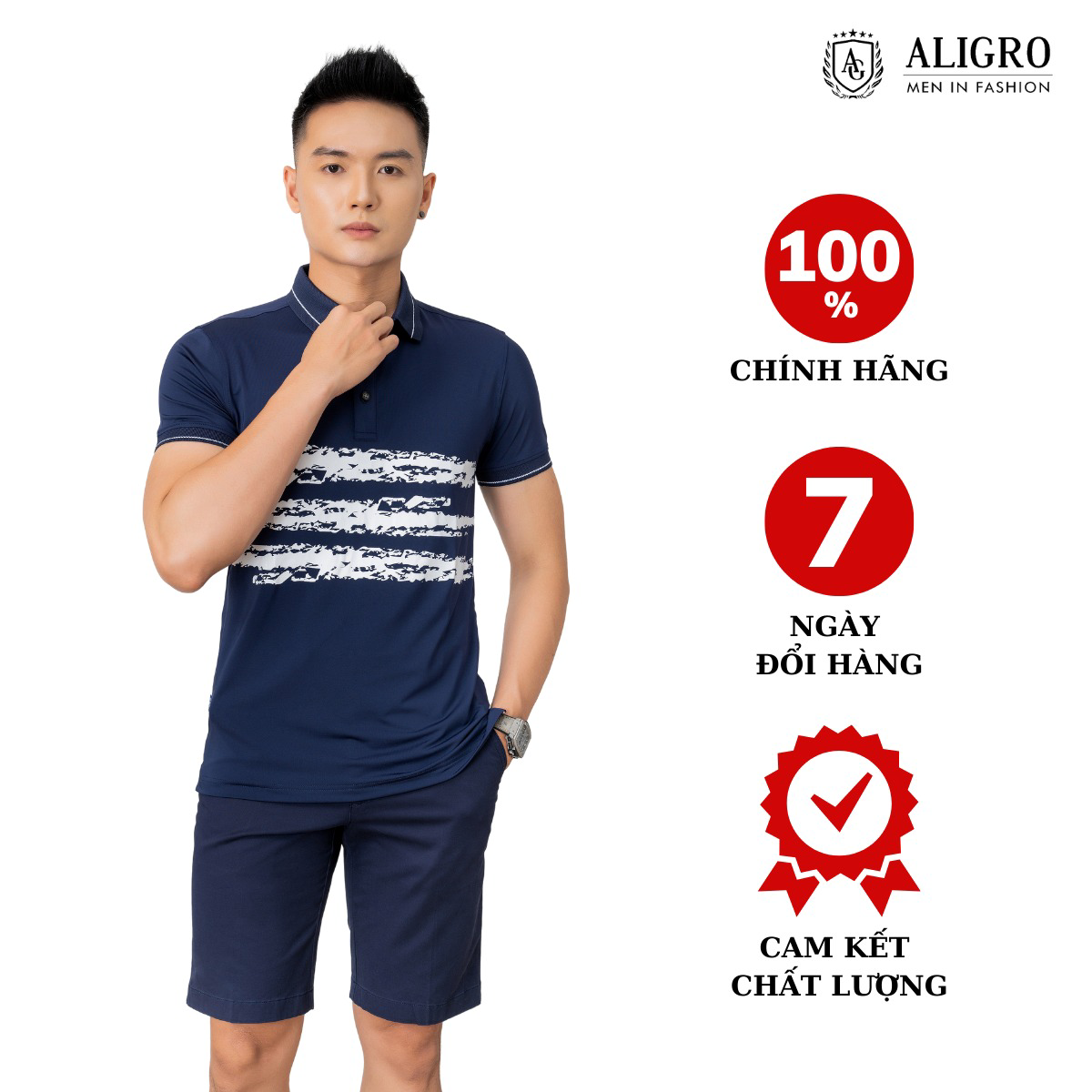 áo Polo Nam Ngắn Tay Màu Navy Phối Kẻ Ngang Ngực Algplo72 – Aligro